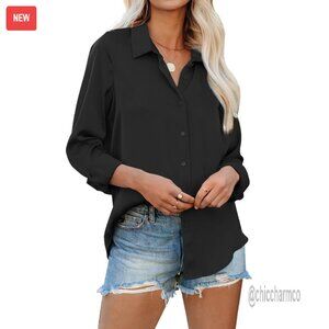 Long Sleeve Chiffon Button Down Blouse Flowy Office Work Top